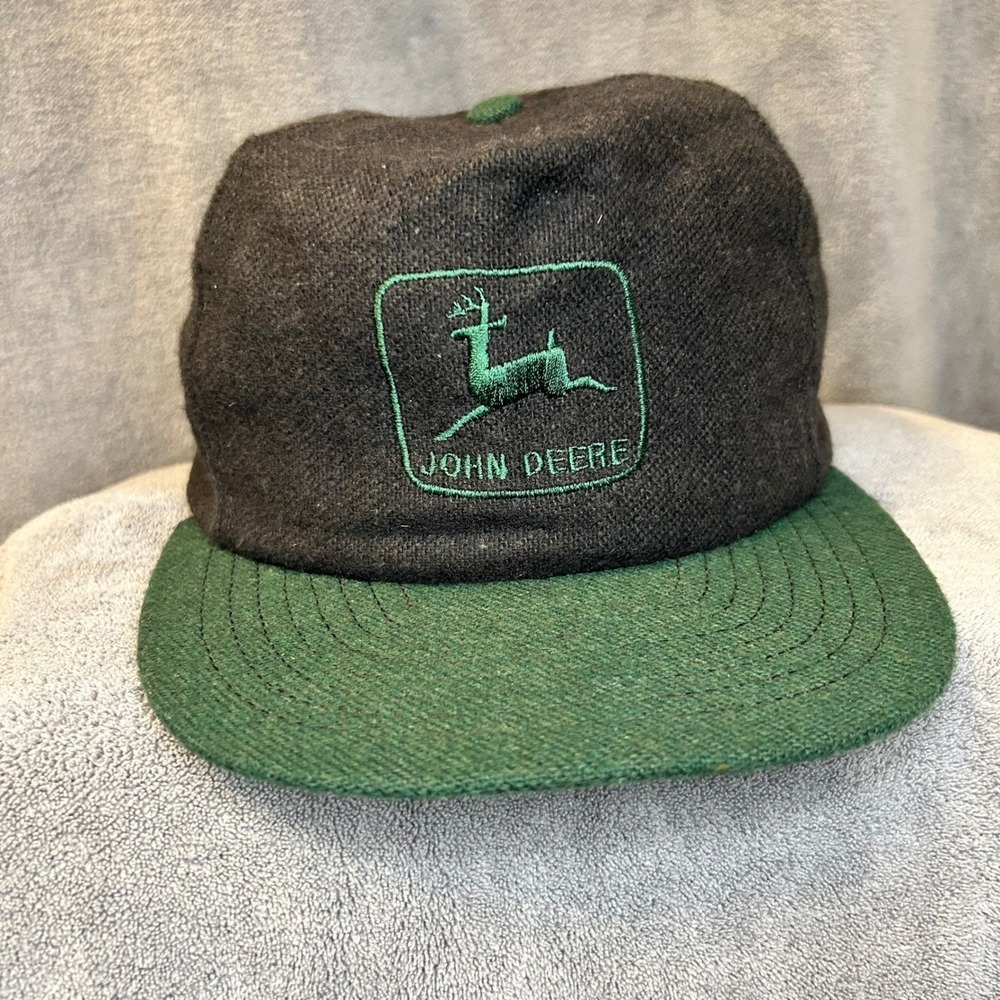 Vintage John Deere Black Green Wool Blend Snapback Hat Louisville Mfg USA Made